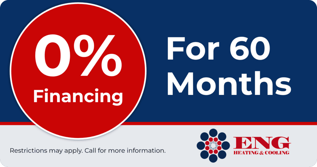 ENG Heating & Cooling financing coupon for 0% interest over 60 months. Call 330-929-0121 for details.