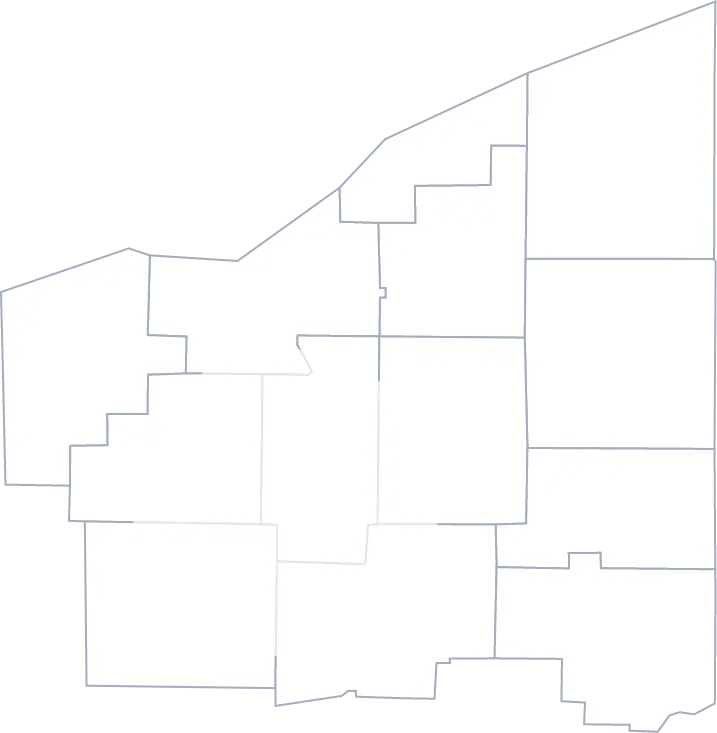 ENG Heating & Cooling service area map, covering Akron, Ohio and the surrounding areas.